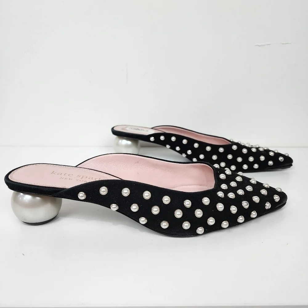 Kate spade honor pearl kitten heel mules, black, size 7